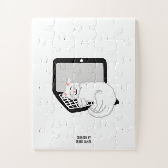 White Cat Sleeping On Laptop Puzzle (30 Pieces) (Vertical)
