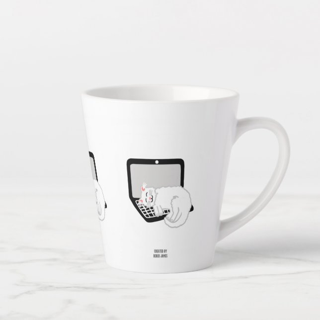 White Cat Sleeping On Laptop Small Latte Mug (Right)