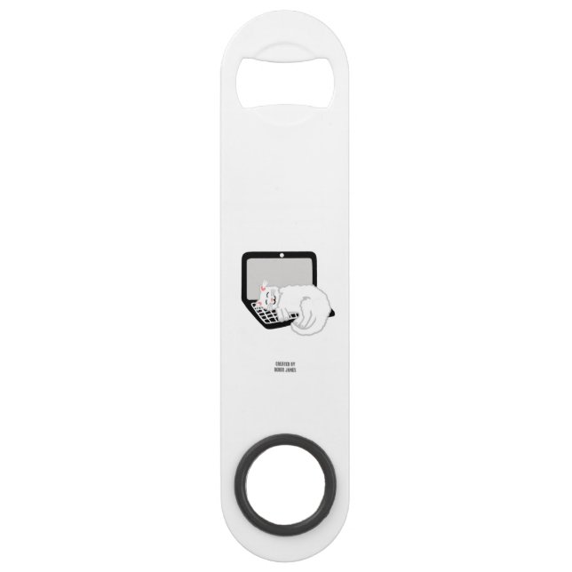 White Cat Sleeping On Laptop Speed Bottle Opener (Front)