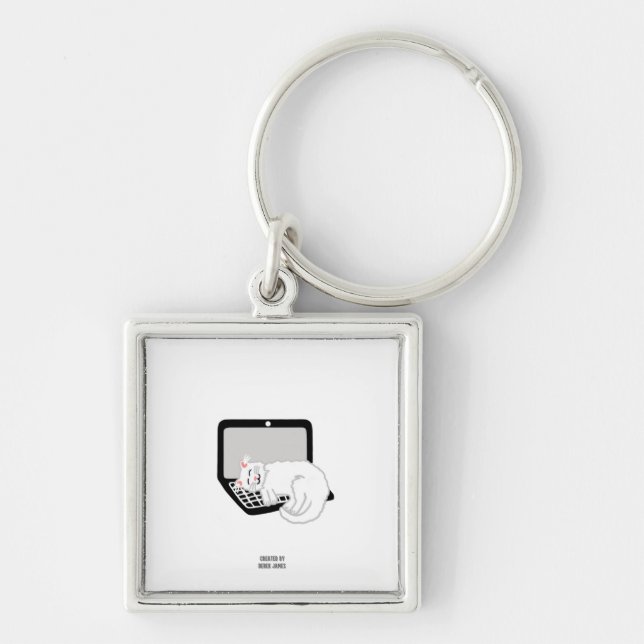 White Cat Sleeping On Laptop Square Keychain (Front)