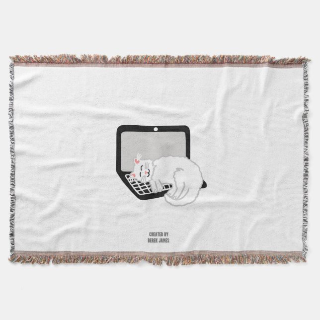 White Cat Sleeping On Laptop Throw Blanket (Front)