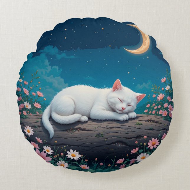 White Cat Sleeping Peacefully on a Log Round Cushion (Front)