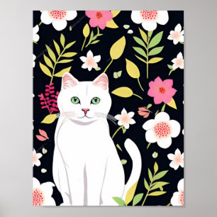 White cat smiling amid flowers seamless pattern poster
