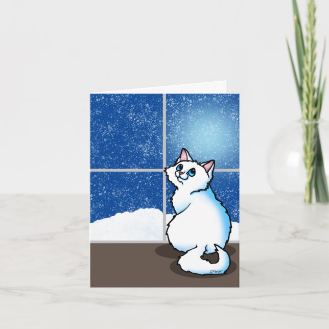 White Cat Snowy Window Throw Pillow Card (Front)