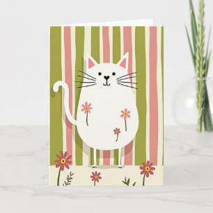 White Cat Striped Birthday Card