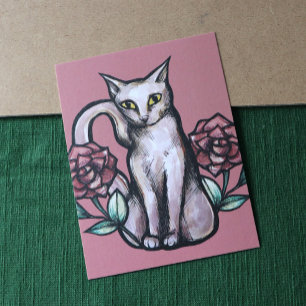 White Cat Vintage Rose Roses White Kitties Art     Postcard