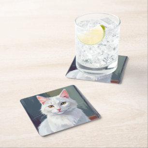 White Cat   Watercolor Cat Pet Painting Square Paper Coaster