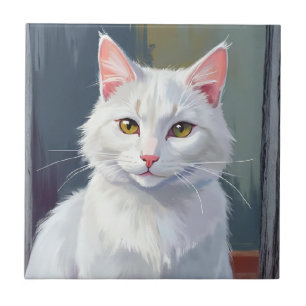 White Cat   Watercolor Cat Pet Painting Tile