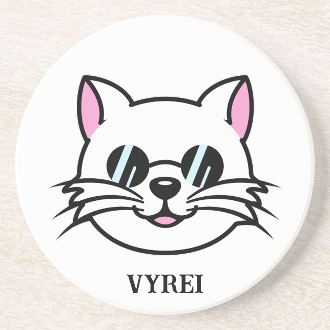 White Cat Wearing Black Glasses / Sunglasses Coaster (Front)