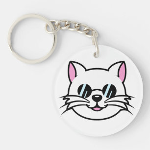 White Cat Wearing Black Glasses / Sunglasses Key Ring