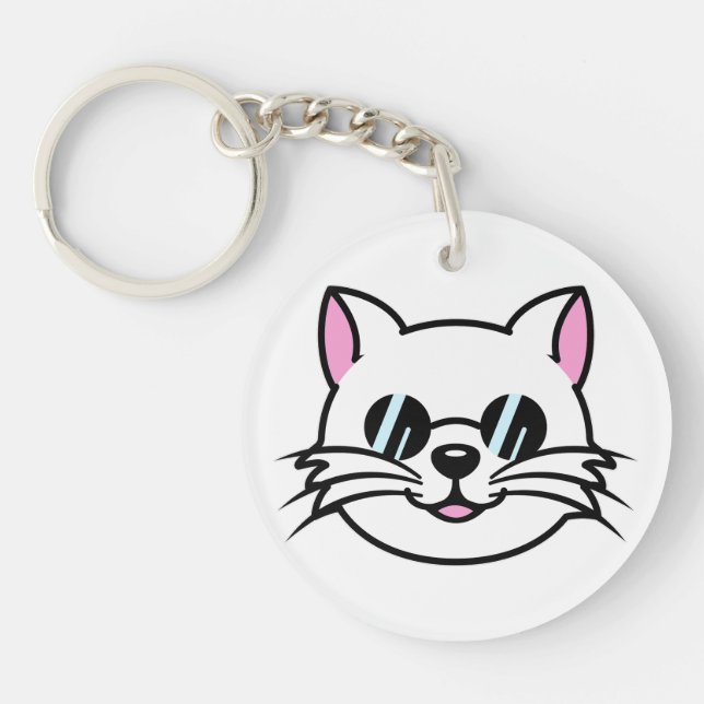 White Cat Wearing Black Glasses / Sunglasses Key Ring (Front)