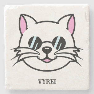 White Cat Wearing Black Glasses / Sunglasses Stone Coaster