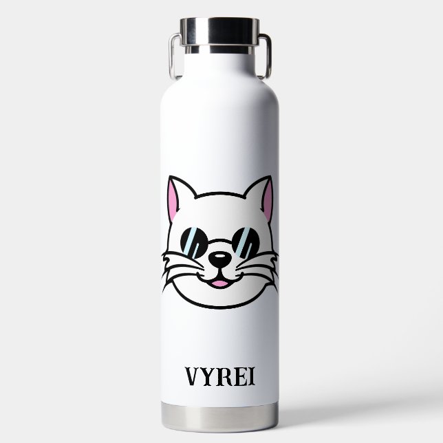 White Cat Wearing Black Glasses / Sunglasses Water Bottle (Front)