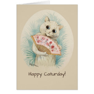 White cat with a fan CC0134 Louis Wain