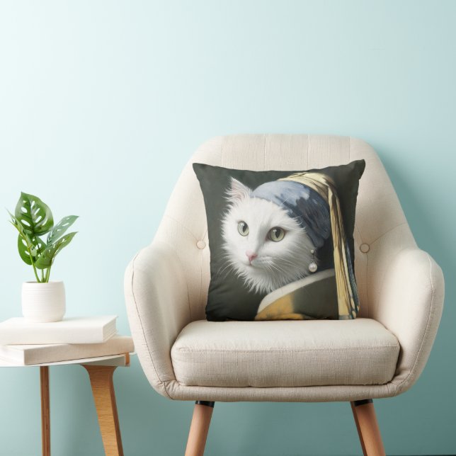 White Cat With a Pearl Earring Painting Cushion (Chair)