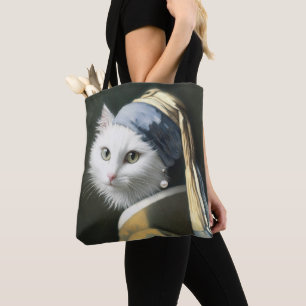 White Cat With a Pearl Earring Painting Tote Bag