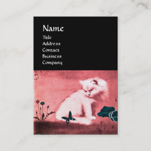 WHITE CAT WITH BLACK BUTTERFLY MONOGRAM pink pearl Business Card