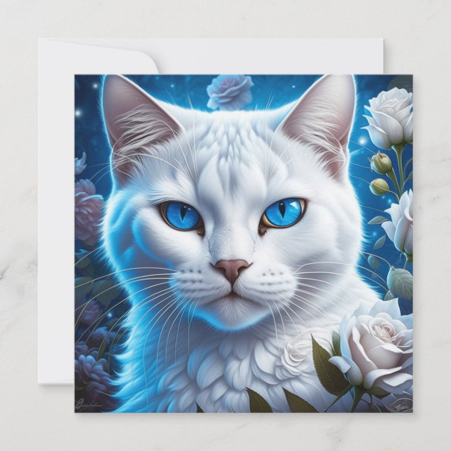 White Cat with Bright Blue Eyes Floral  (Front)