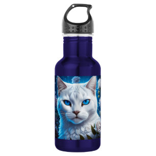 White Cat with Bright Blue Eyes Floral 532 Ml Water Bottle