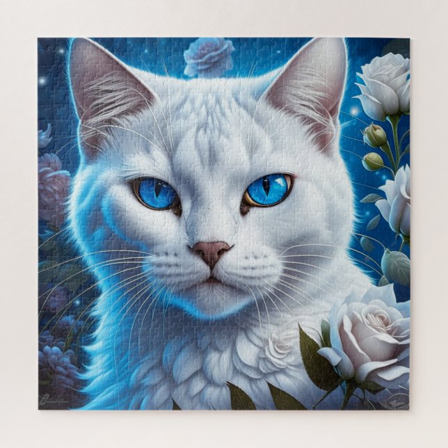 White Cat with Bright Blue Eyes Floral  Jigsaw Puzzle (Vertical)