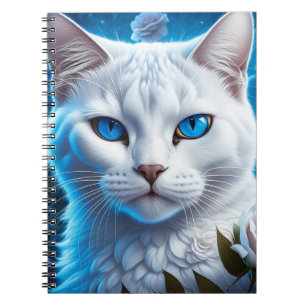 White Cat with Bright Blue Eyes Floral Notebook