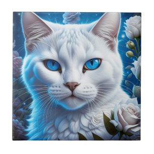 White Cat with Bright Blue Eyes Floral Tile