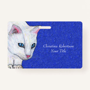 White Cat With Bright Blue Eyes on Sparkle Blue ID Badge