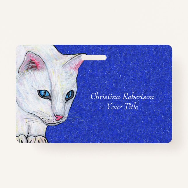 White Cat With Bright Blue Eyes on Sparkle Blue ID Badge (Front)