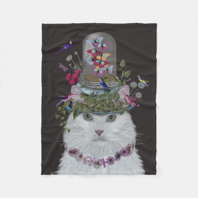 White Cat with Butterfly Bell Jar Fleece Blanket (Front)