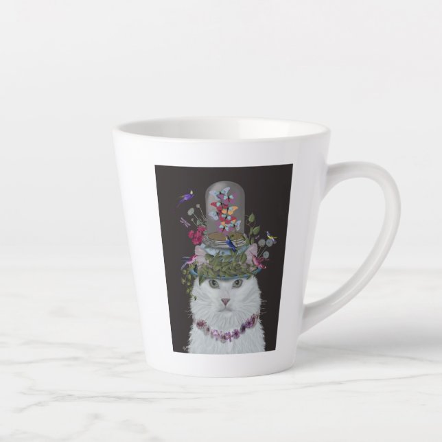 White Cat with Butterfly Bell Jar Latte Mug (Right)