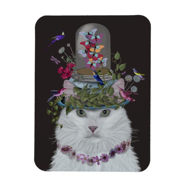 White Cat with Butterfly Bell Jar Magnet (Vertical)