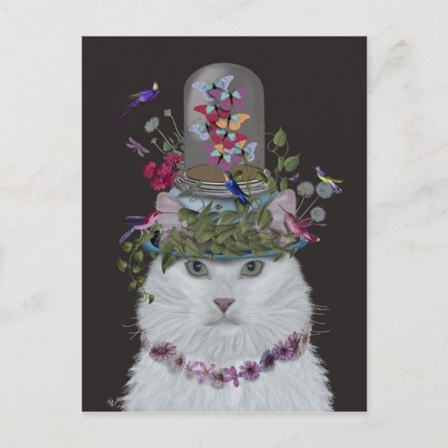 White Cat with Butterfly Bell Jar Postcard (Front)