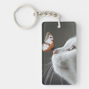 White Cat with Butterfly Key Ring