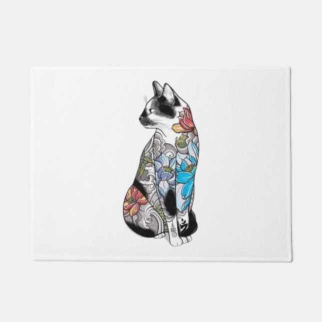 White Cat with Colourful   Doormat (Front)