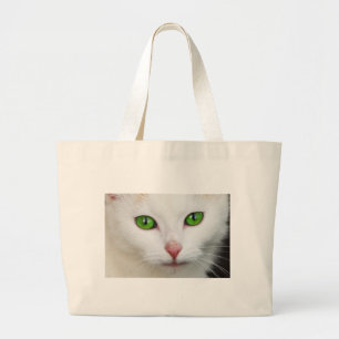 White Cat with Emerald Green Eyes Large Tote Bag
