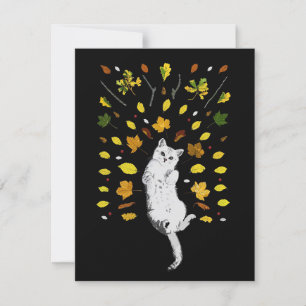 White cat with fall leaves illustration