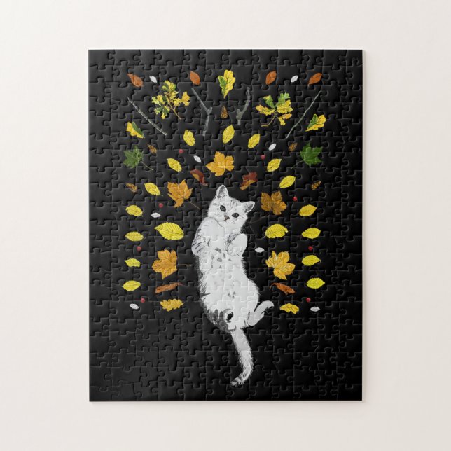White cat with fall leaves illustration jigsaw puzzle (Vertical)