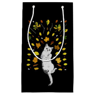 White cat with fall leaves illustration small gift bag