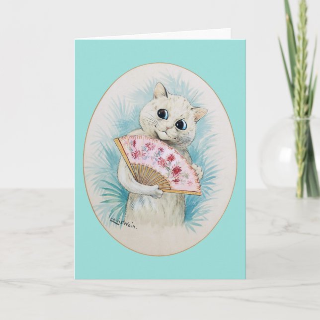 White Cat with Fan, Louis Wain Card (Front)