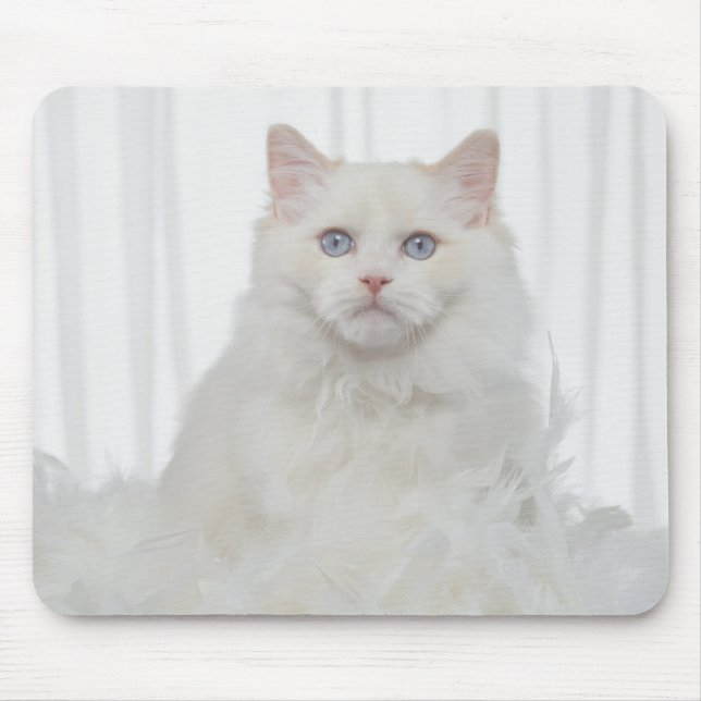 White Cat with Feathers Mouse Pad (Front)