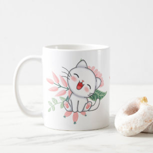 white cat with flower coffee mug