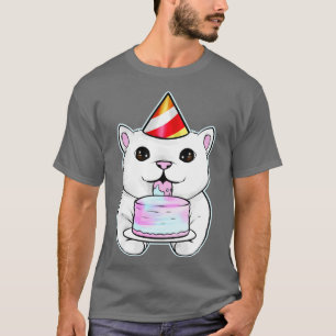 White Cat With Party Hat Licks A Birthday Cake On T-Shirt