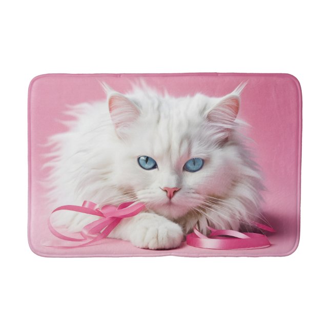 White Cat With Pink Ribbons Bath Mat (Front)