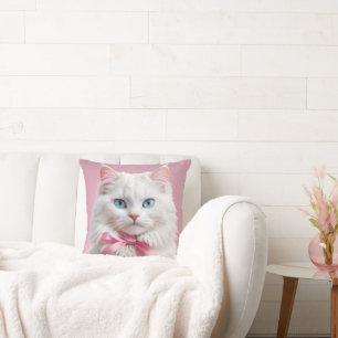 White Cat with Pink Ribbons Cushion