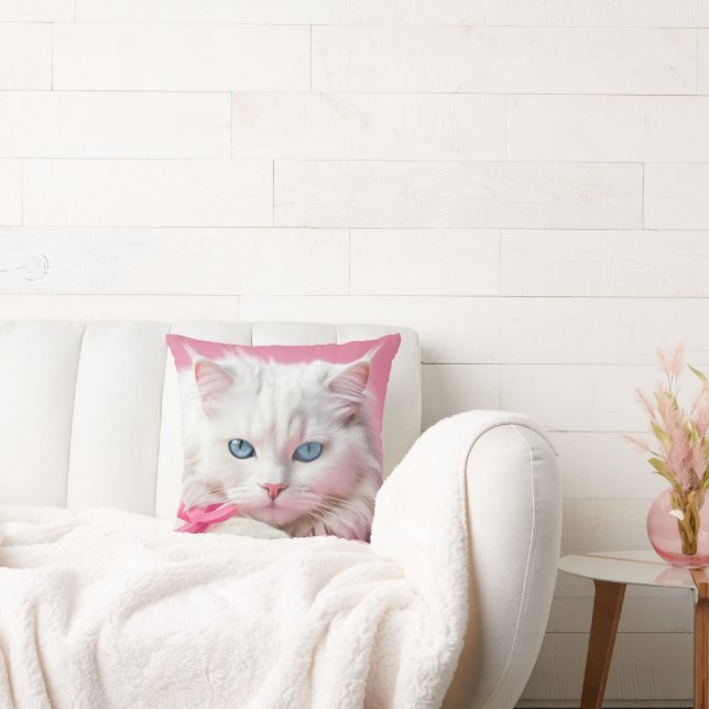 White Cat With Pink Ribbons Cushion (Couch)