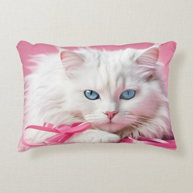 White Cat With Pink Ribbons Decorative Cushion (Front)