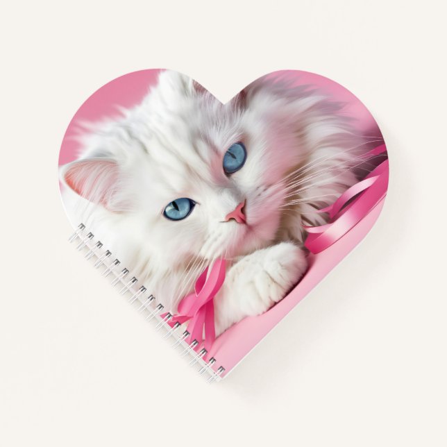 White Cat With Pink Ribbons Notebook (Front)