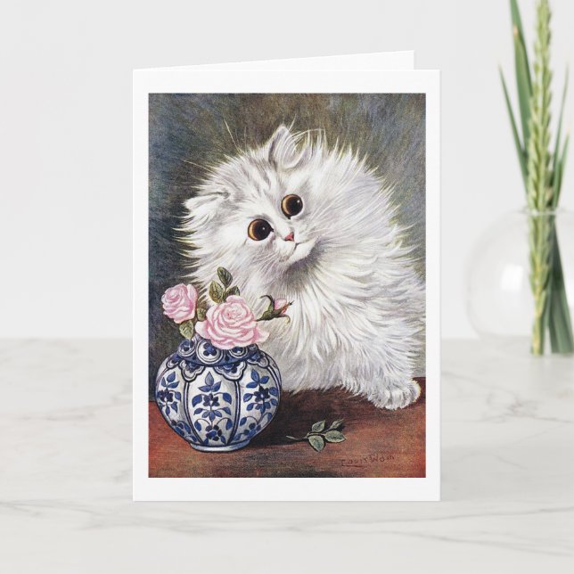 White Cat with Pink Roses, Louis Wain Card (Front)
