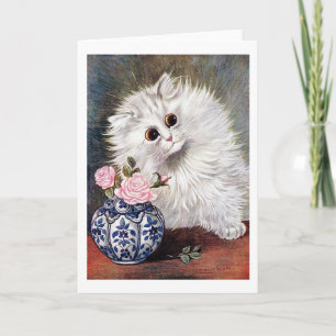 White Cat with Pink Roses, Louis Wain Card