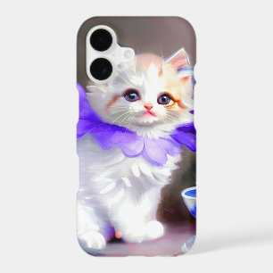 White Cat with Purple Flower Collar Painting